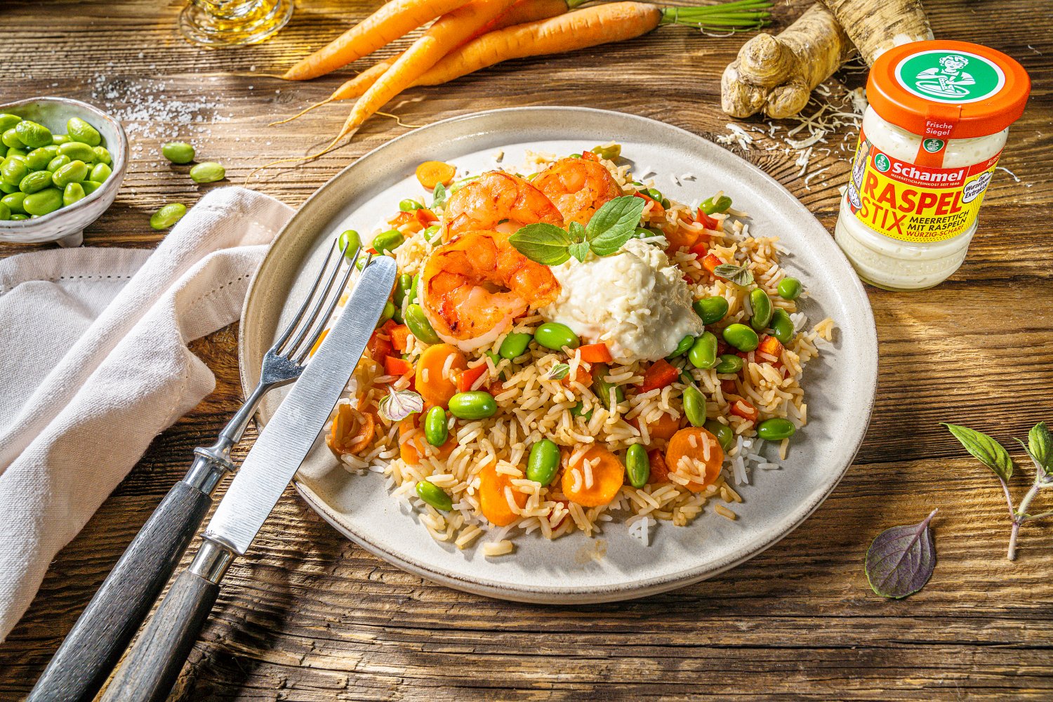 Garnelen mit Edamame und Meerrettich